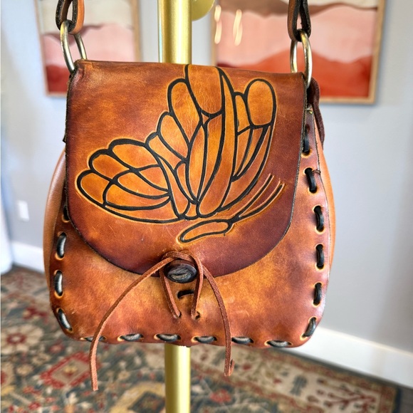 1970s Tooled Brown Leather Bag with Butterfly Design - Picture 1 of 8